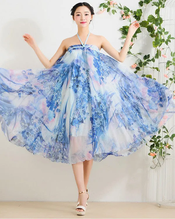 Elegant Fancy Flower Print Skirt Long Women Fashion Peacock Feather Elastic Waist Ultra-long Big Bottom Full Chiffon Skirt