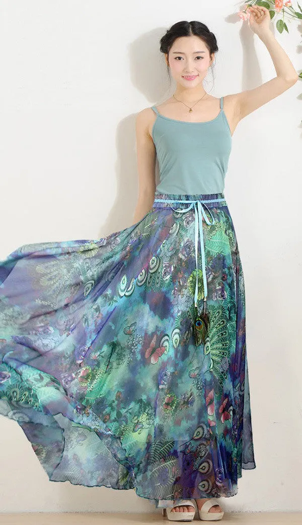 Elegant Fancy Flower Print Skirt Long Women Fashion Peacock Feather Elastic Waist Ultra-long Big Bottom Full Chiffon Skirt