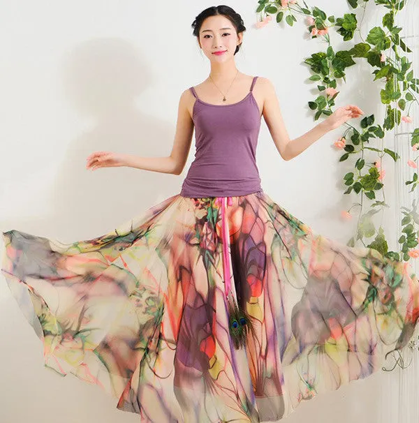 Elegant Fancy Flower Print Skirt Long Women Fashion Peacock Feather Elastic Waist Ultra-long Big Bottom Full Chiffon Skirt