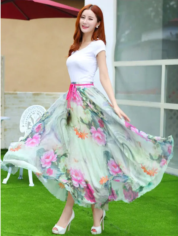 Elegant Fancy Flower Print Skirt Long Women Fashion Peacock Feather Elastic Waist Ultra-long Big Bottom Full Chiffon Skirt