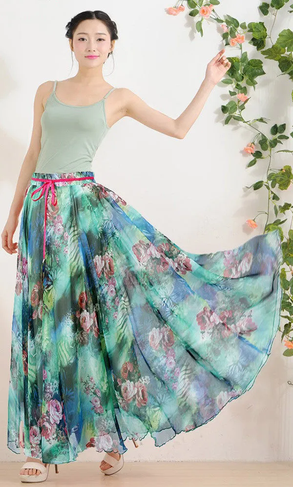 Elegant Fancy Flower Print Skirt Long Women Fashion Peacock Feather Elastic Waist Ultra-long Big Bottom Full Chiffon Skirt