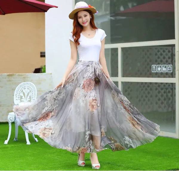 Elegant Fancy Flower Print Skirt Long Women Fashion Peacock Feather Elastic Waist Ultra-long Big Bottom Full Chiffon Skirt