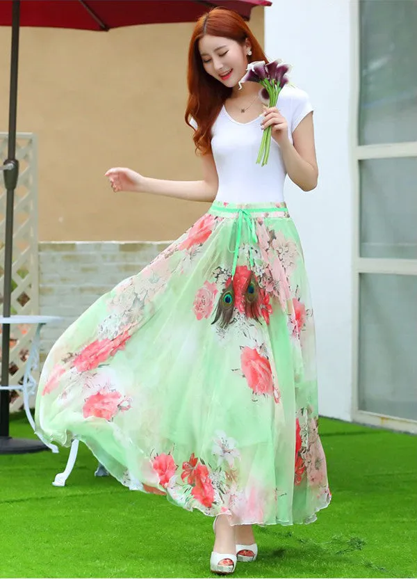 Elegant Fancy Flower Print Skirt Long Women Fashion Peacock Feather Elastic Waist Ultra-long Big Bottom Full Chiffon Skirt