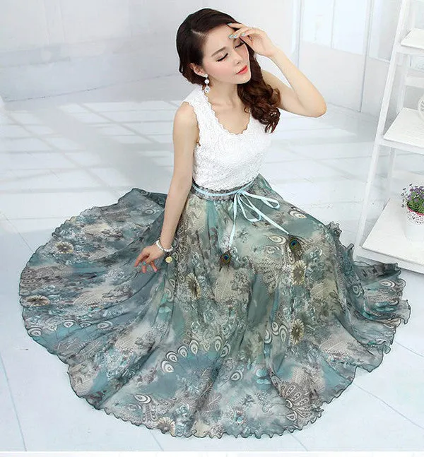 Elegant Fancy Flower Print Skirt Long Women Fashion Peacock Feather Elastic Waist Ultra-long Big Bottom Full Chiffon Skirt