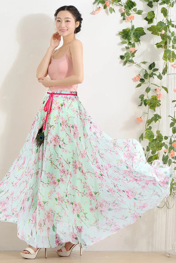 Elegant Fancy Flower Print Skirt Long Women Fashion Peacock Feather Elastic Waist Ultra-long Big Bottom Full Chiffon Skirt