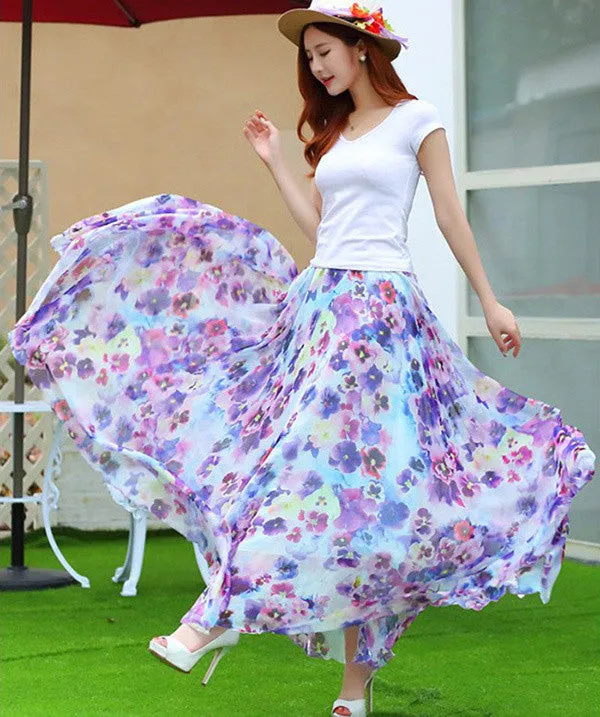 Elegant Fancy Flower Print Skirt Long Women Fashion Peacock Feather Elastic Waist Ultra-long Big Bottom Full Chiffon Skirt