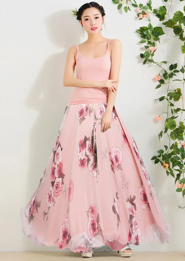 Elegant Fancy Flower Print Skirt Long Women Fashion Peacock Feather Elastic Waist Ultra-long Big Bottom Full Chiffon Skirt