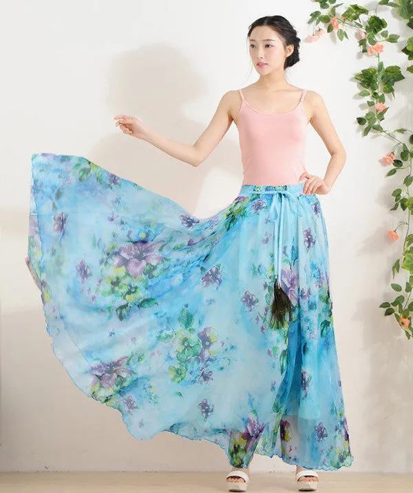 Elegant Fancy Flower Print Skirt Long Women Fashion Peacock Feather Elastic Waist Ultra-long Big Bottom Full Chiffon Skirt