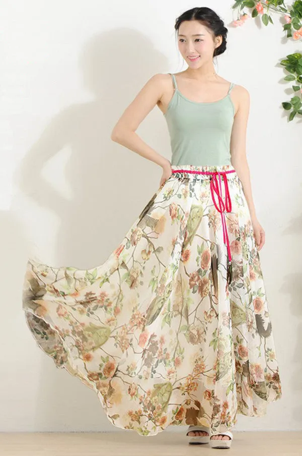 Elegant Fancy Flower Print Skirt Long Women Fashion Peacock Feather Elastic Waist Ultra-long Big Bottom Full Chiffon Skirt