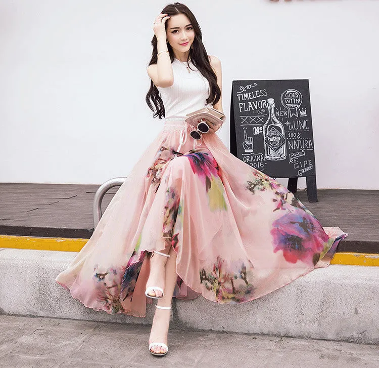 Elegant Fancy Flower Print Skirt Long Women Fashion Peacock Feather Elastic Waist Ultra-long Big Bottom Full Chiffon Skirt