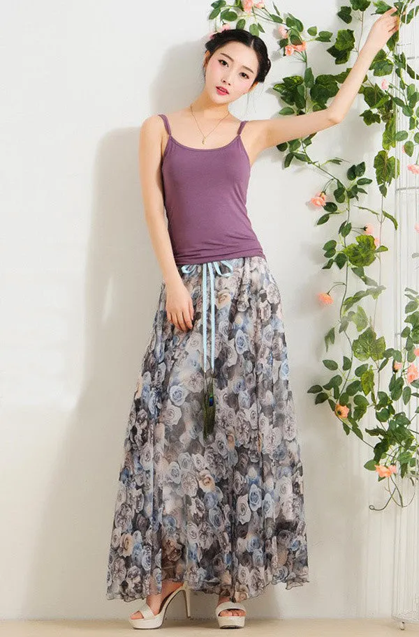 Elegant Fancy Flower Print Skirt Long Women Fashion Peacock Feather Elastic Waist Ultra-long Big Bottom Full Chiffon Skirt