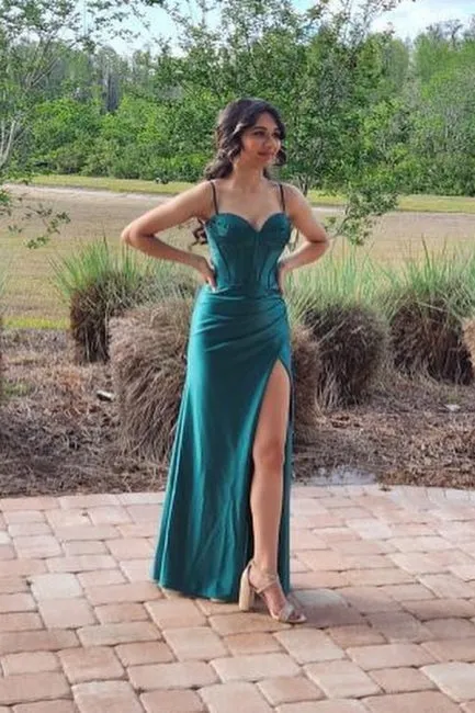 Elegant Long Dark Green Sleeveless Spaghetti Straps Prom Dresses With Split Online
