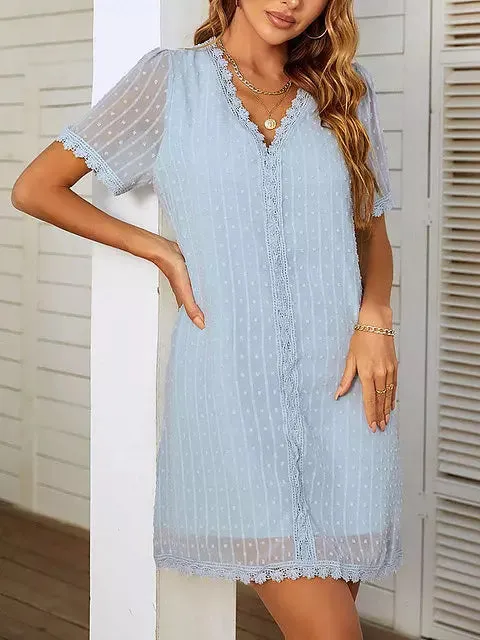 Elegant Mini Dresses For Women Lace Stitching V Neck Short Sleeve