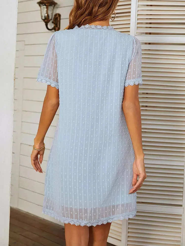 Elegant Mini Dresses For Women Lace Stitching V Neck Short Sleeve