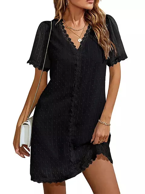 Elegant Mini Dresses For Women Lace Stitching V Neck Short Sleeve