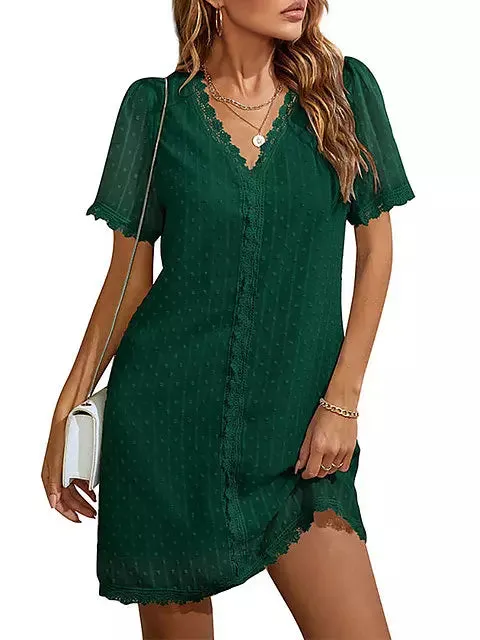 Elegant Mini Dresses For Women Lace Stitching V Neck Short Sleeve