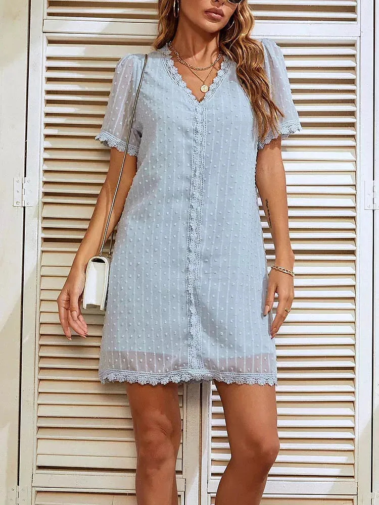 Elegant Mini Dresses For Women Lace Stitching V Neck Short Sleeve
