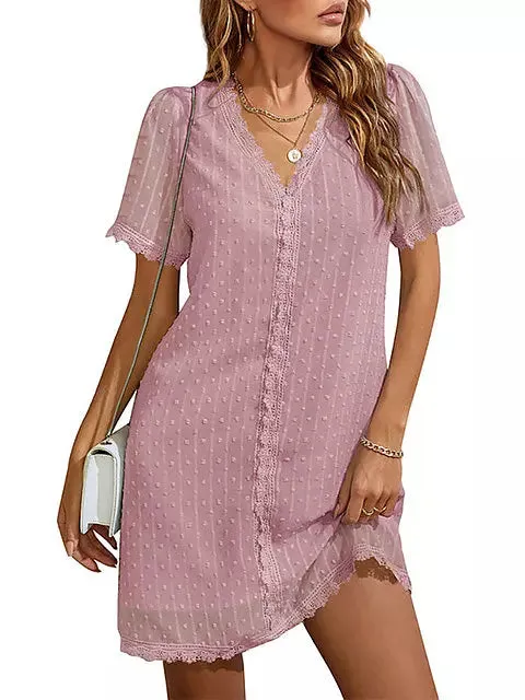 Elegant Mini Dresses For Women Lace Stitching V Neck Short Sleeve