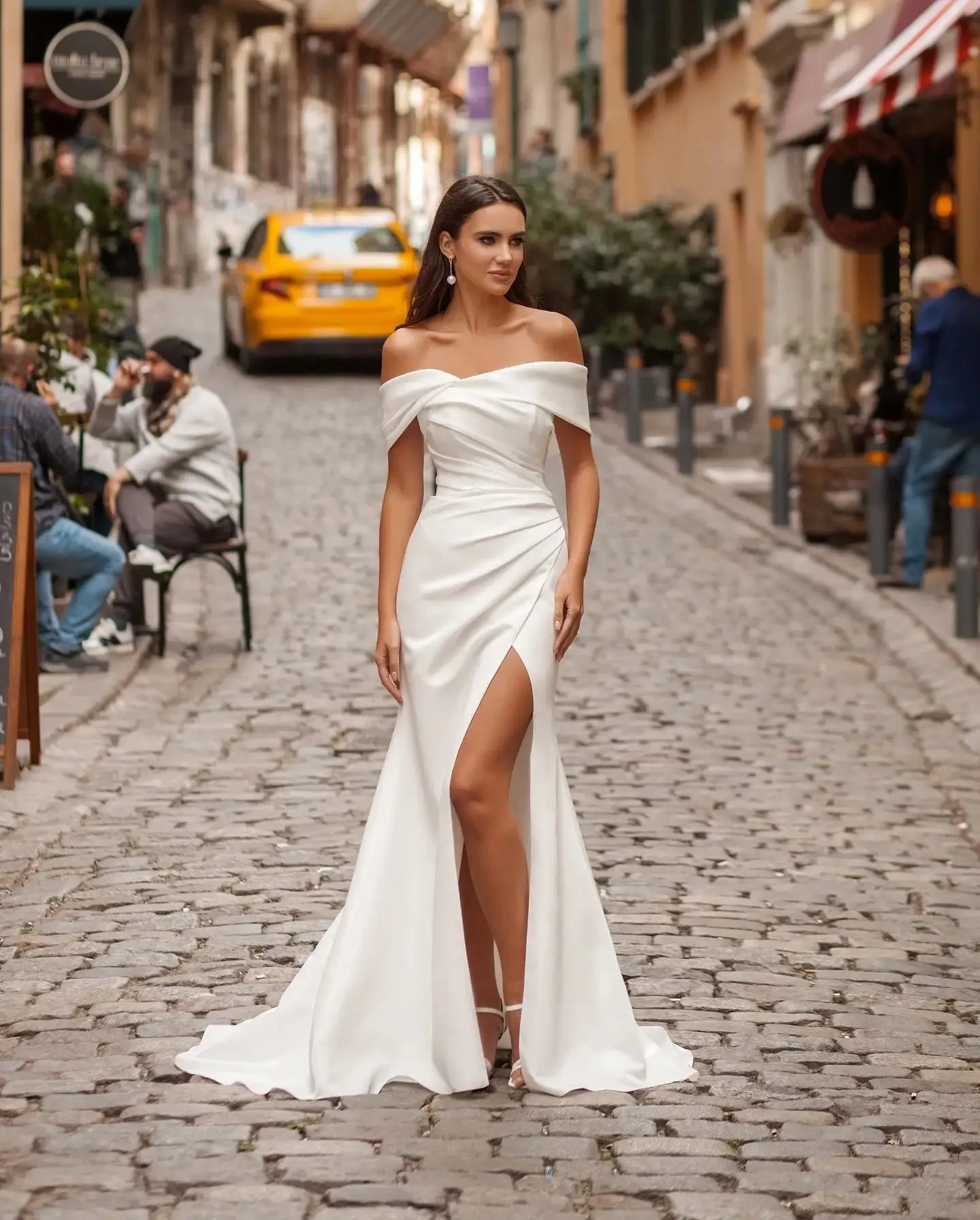 Elegant Off The Shoulder Soft Satin Sheath/Mermaid Wedding Dresses Side Slit Detachable Train Formal Bridal Grown 2025 Rode De