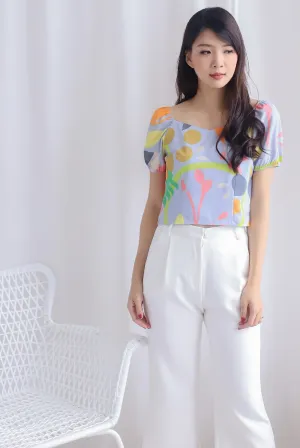 Ellerie Abstract Puffy Sleeve Top In Blue
