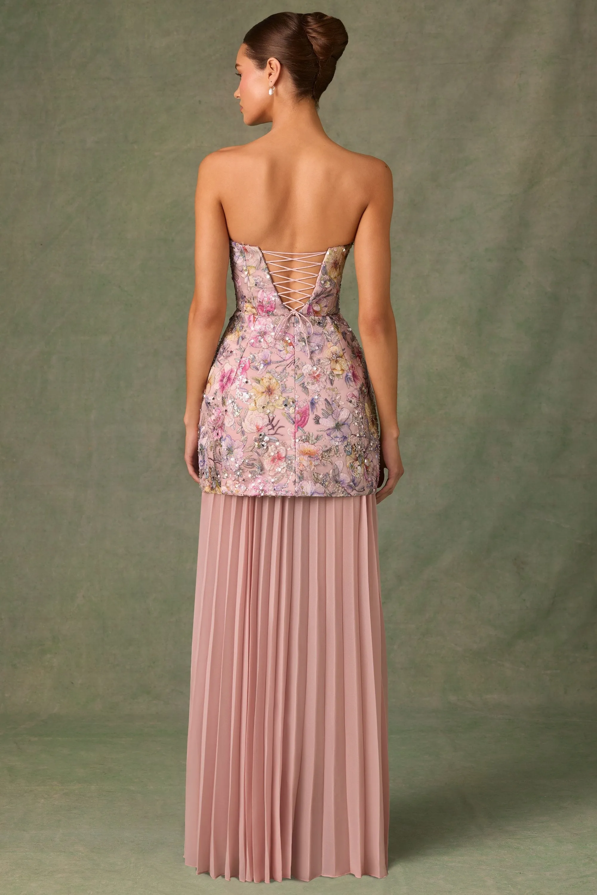 Embellished Convertible Lace-Up Gown in Floral Pink