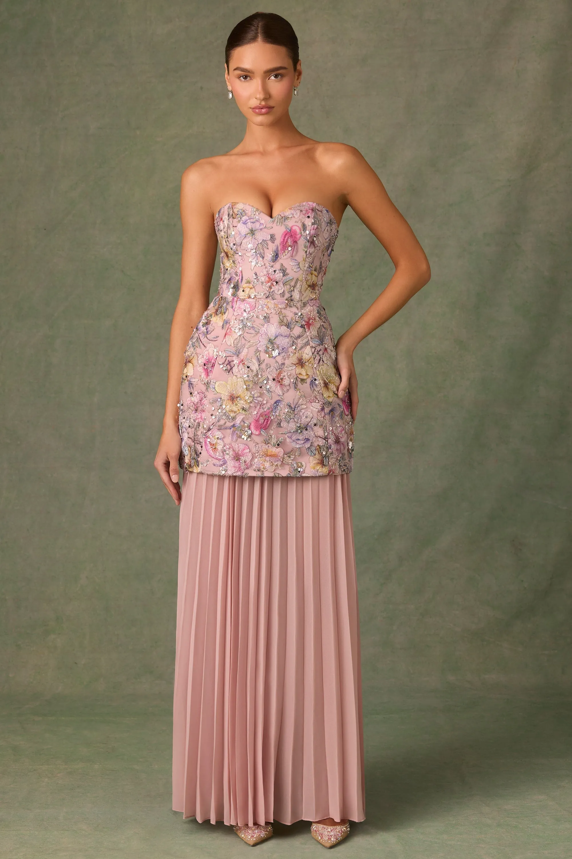 Embellished Convertible Lace-Up Gown in Floral Pink