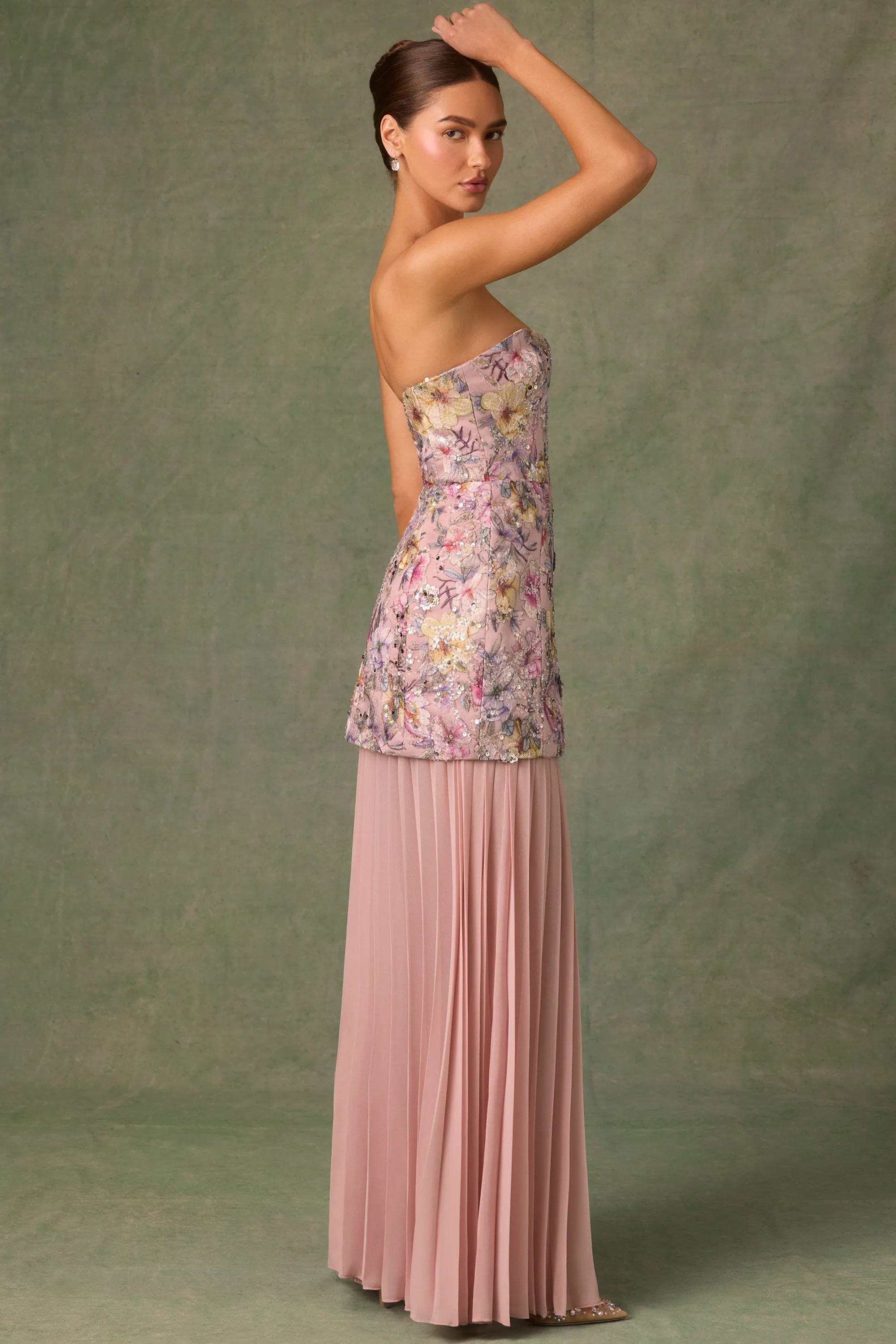 Embellished Convertible Lace-Up Gown in Floral Pink