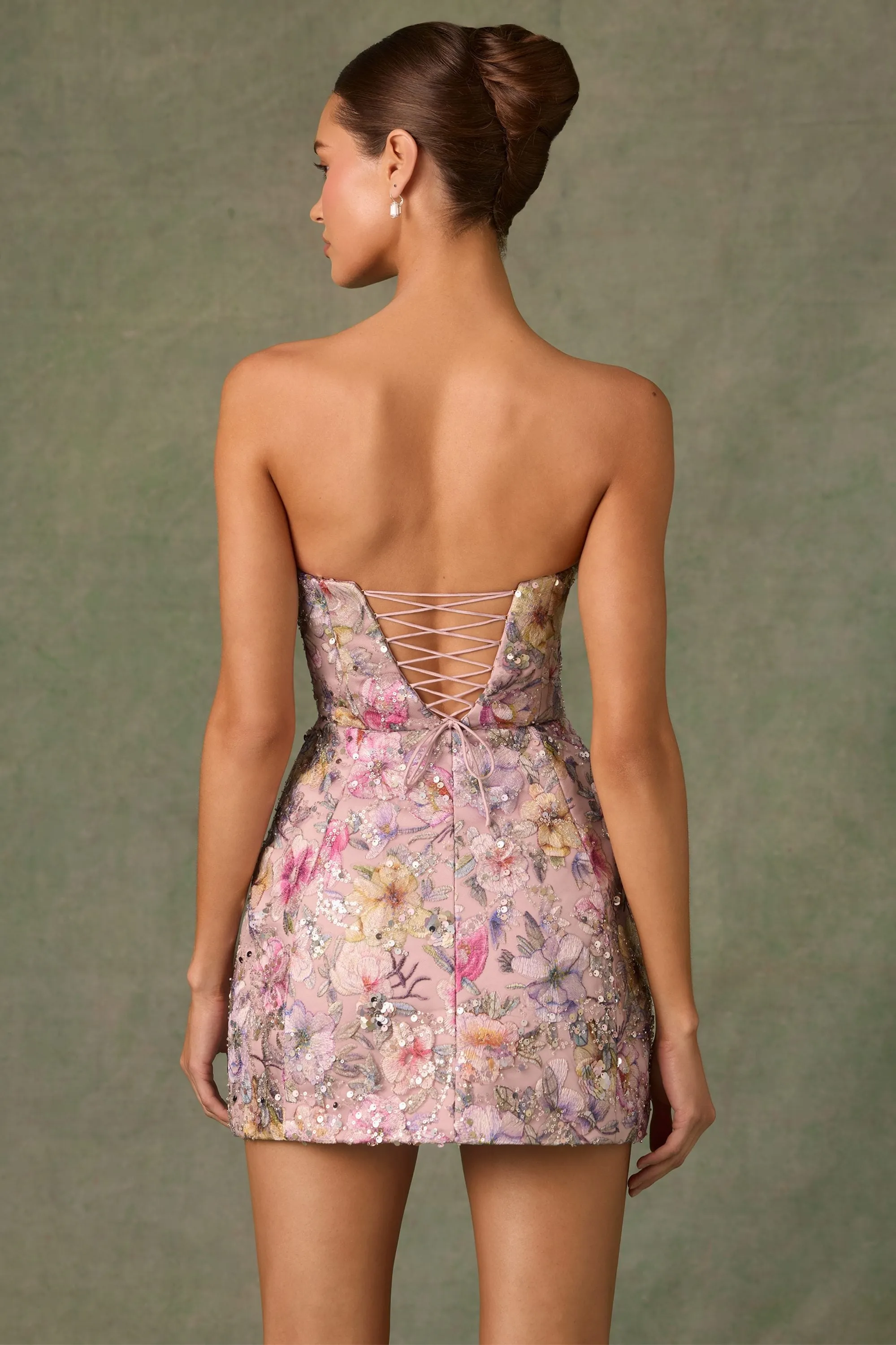 Embellished Convertible Lace-Up Gown in Floral Pink