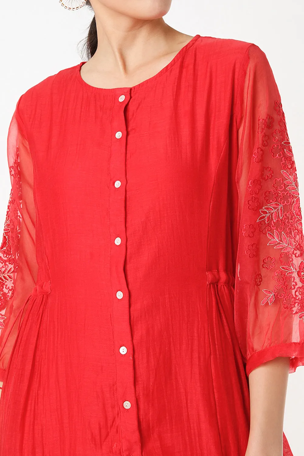 Embroidered Red Midi Dress