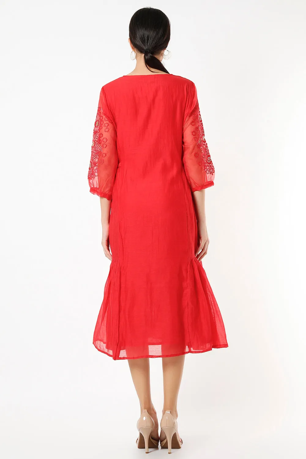 Embroidered Red Midi Dress