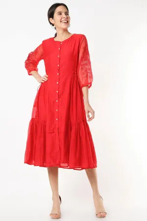 Embroidered Red Midi Dress