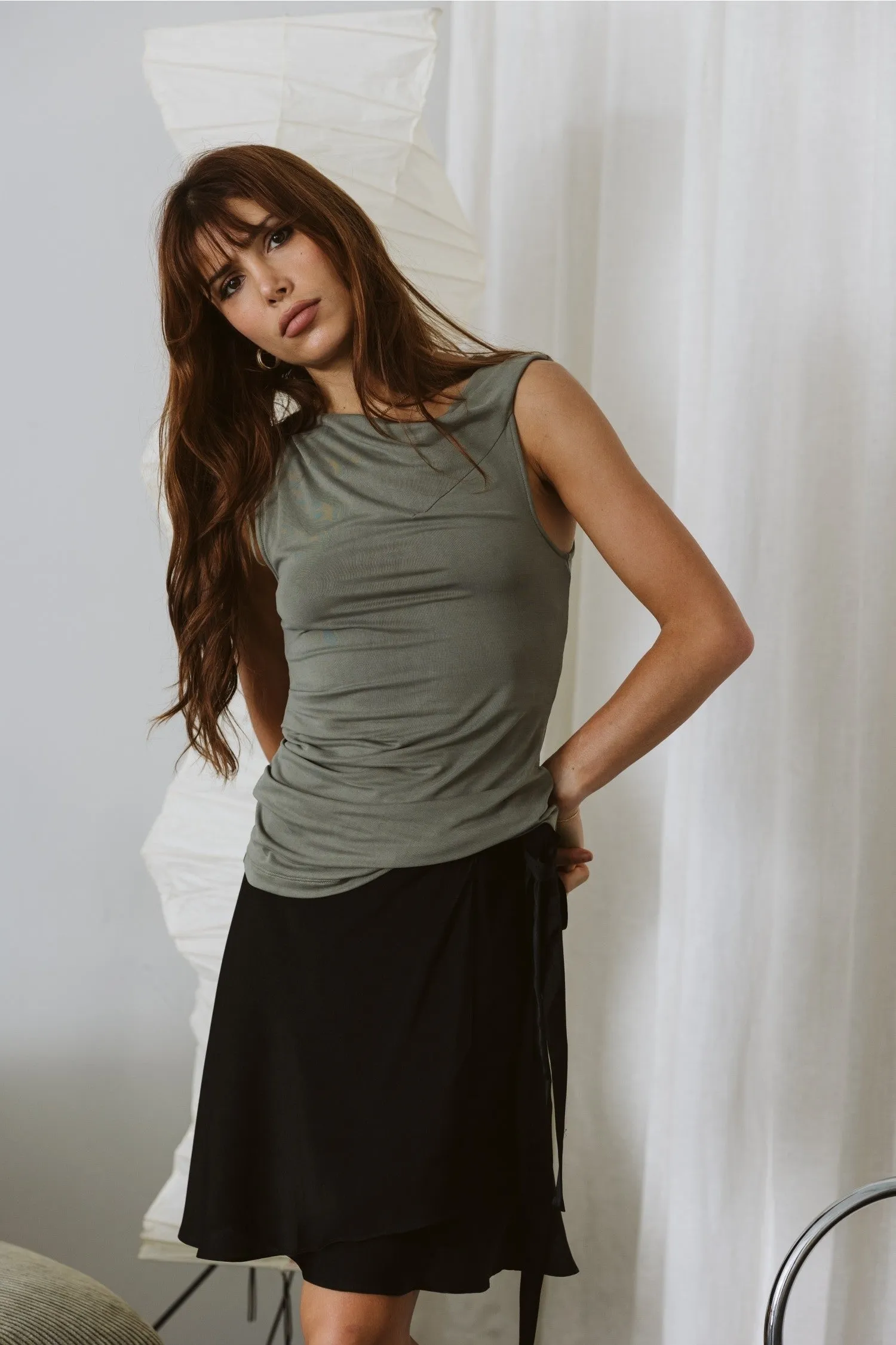 Emilia Asymmetrical Twist Shoulder Ruched Top - Olive