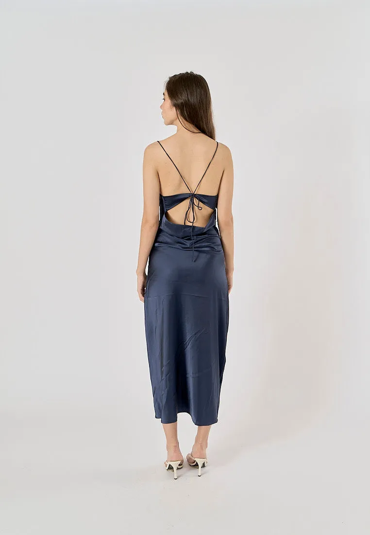 Enora Navy Blue Back Hollow Out Back Lace Up Midi Dress