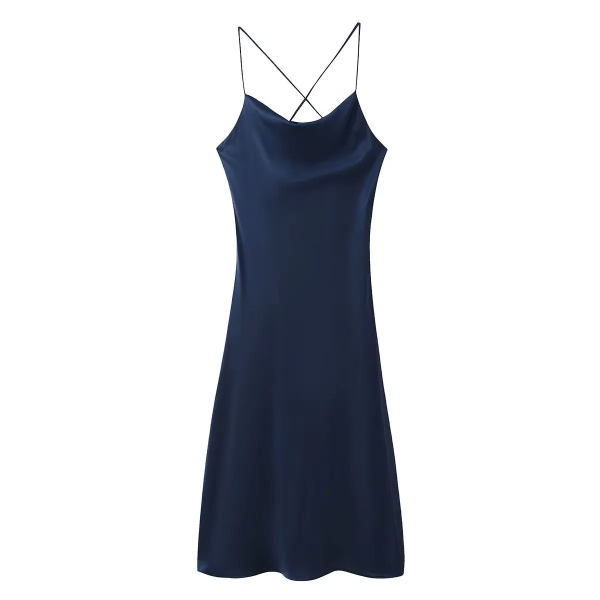 Enora Navy Blue Back Hollow Out Back Lace Up Midi Dress