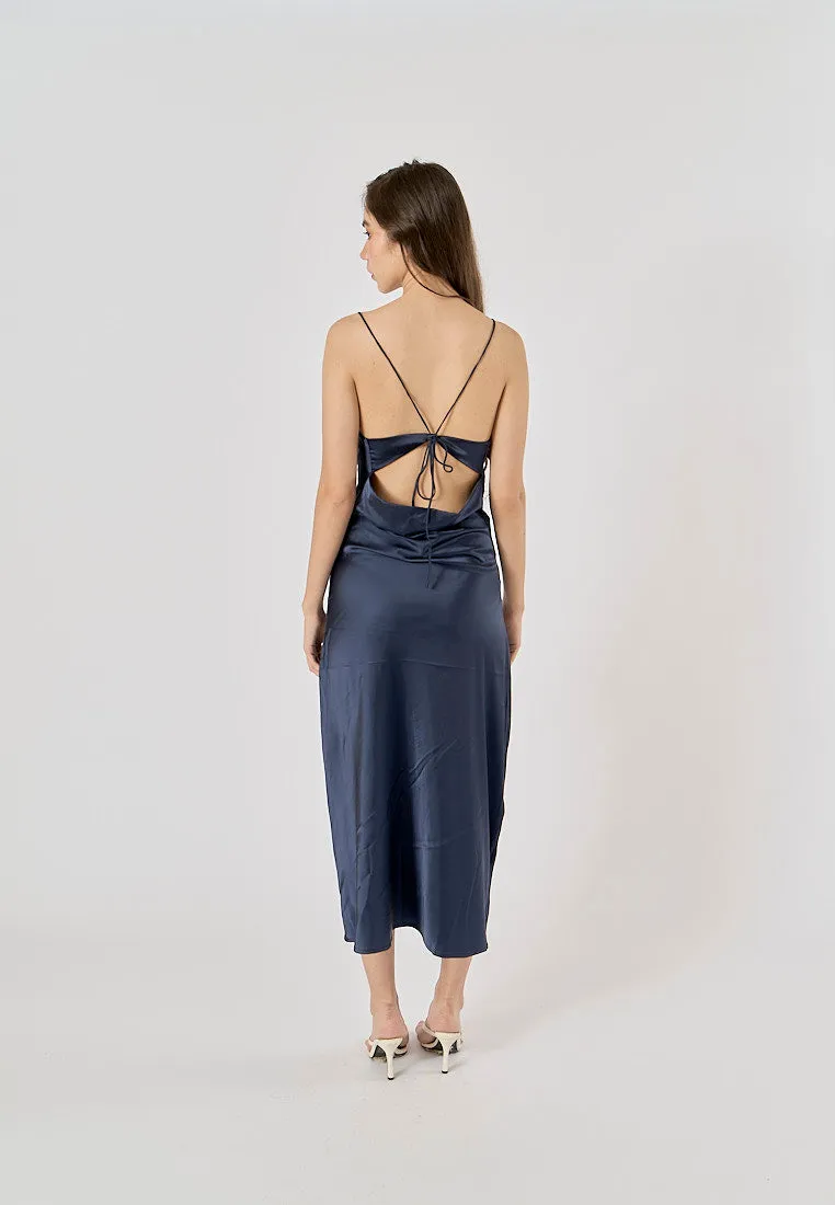 Enora Navy Blue Back Hollow Out Back Lace Up Midi Dress
