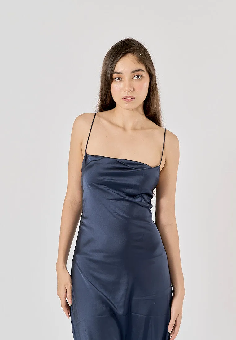 Enora Navy Blue Back Hollow Out Back Lace Up Midi Dress