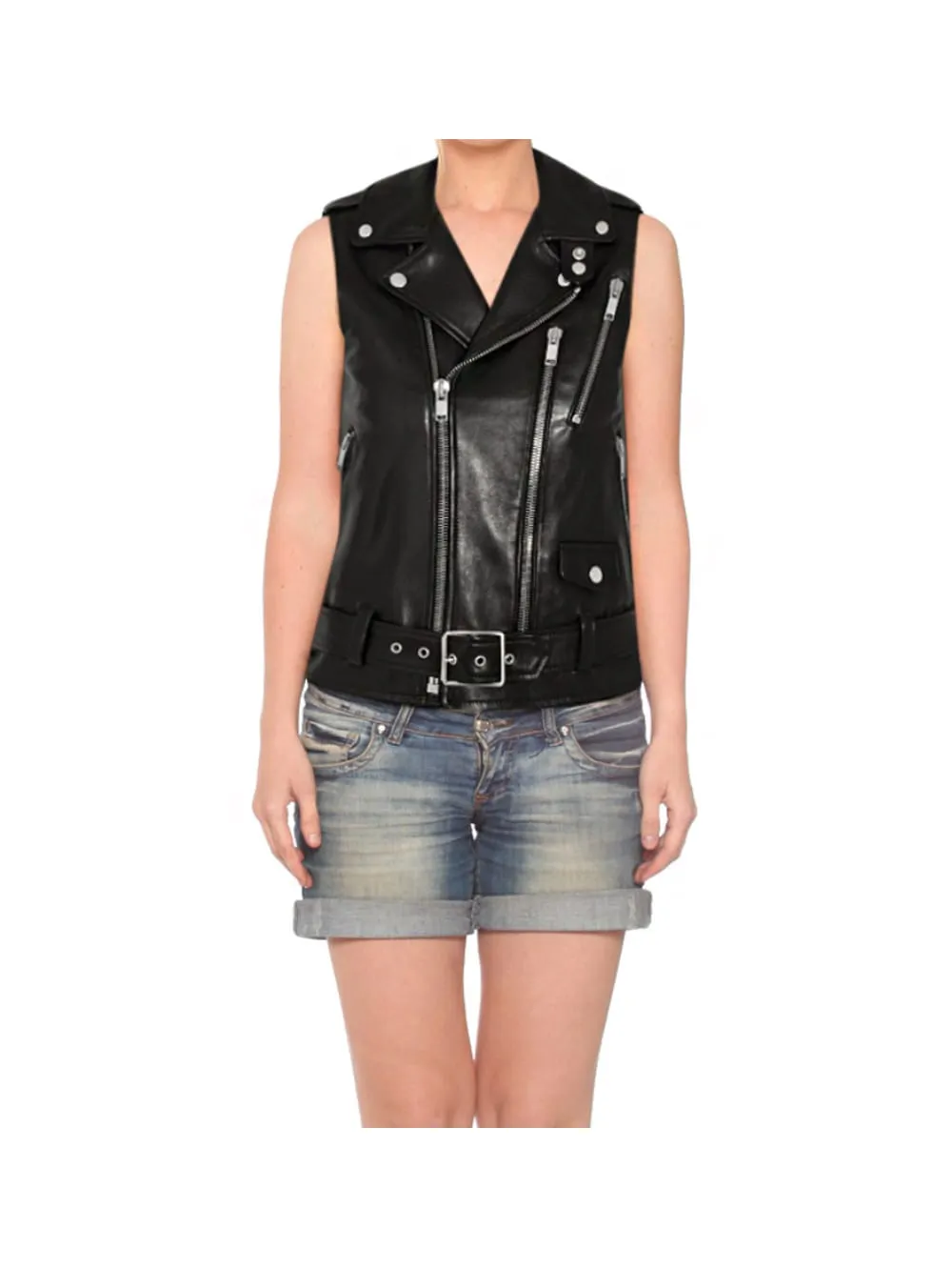 Epaulette Moto Leather Vest for Women