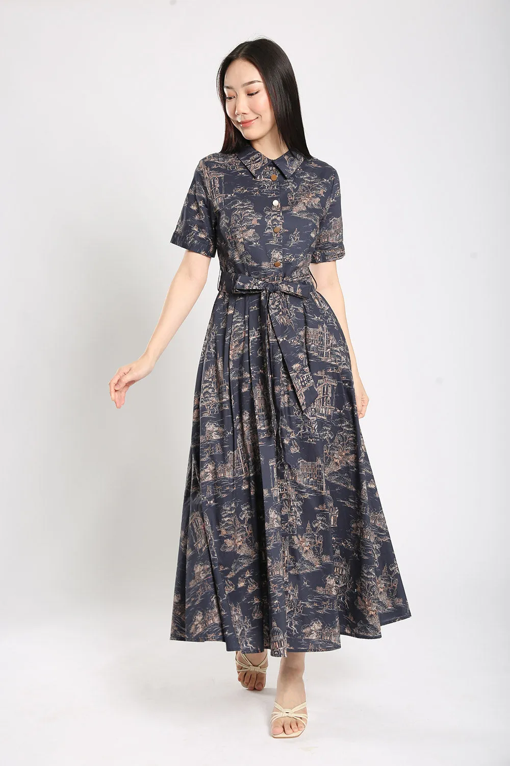 Erinn Collar Maxi Printed Dress in Navy Blue Floral