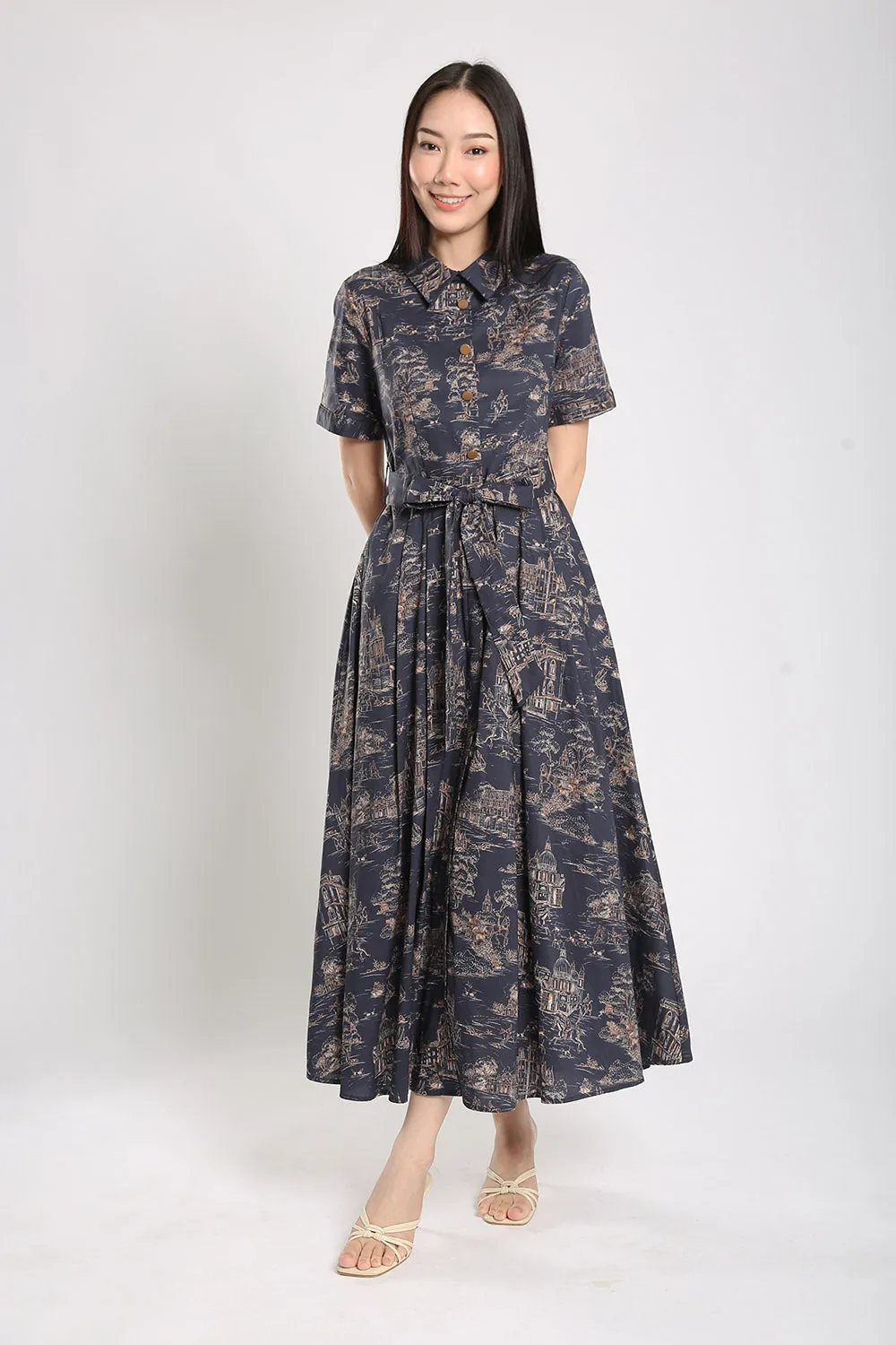 Erinn Collar Maxi Printed Dress in Navy Blue Floral