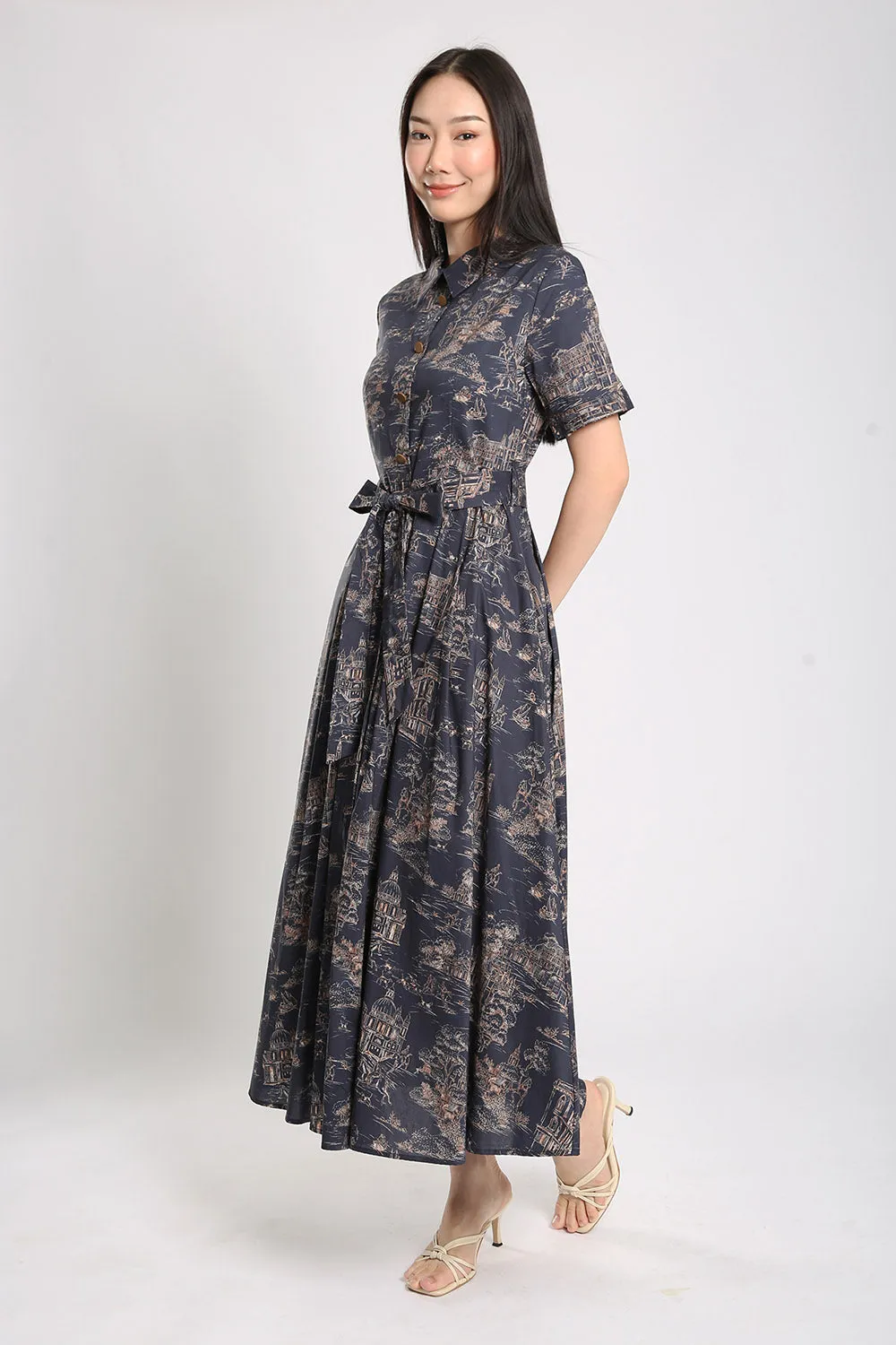 Erinn Collar Maxi Printed Dress in Navy Blue Floral