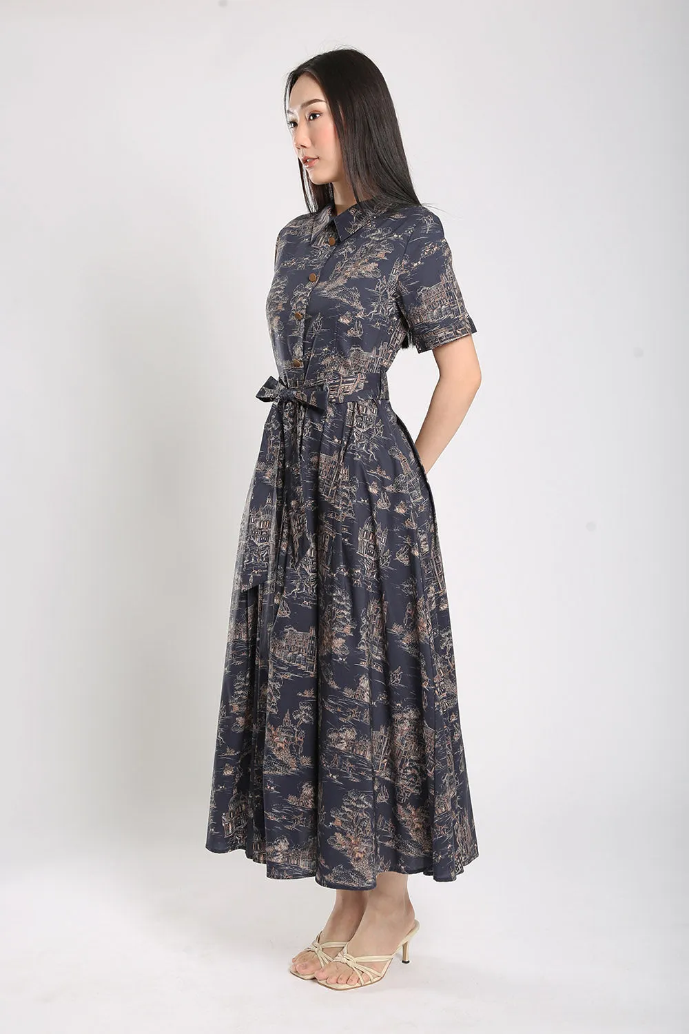 Erinn Collar Maxi Printed Dress in Navy Blue Floral