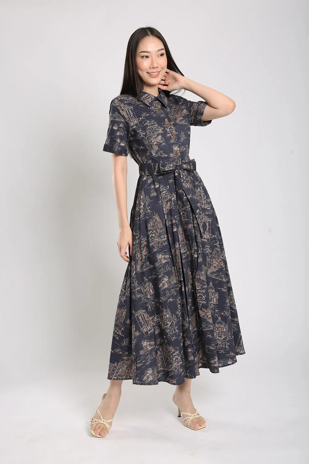 Erinn Collar Maxi Printed Dress in Navy Blue Floral