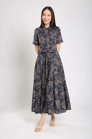 Erinn Collar Maxi Printed Dress in Navy Blue Floral