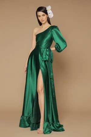 ESMERALDA Asymmetric Puff Sleeve Silk Maxi Dress with Ruffled Hem and Detachable Waist Tie (Emerald Silk)