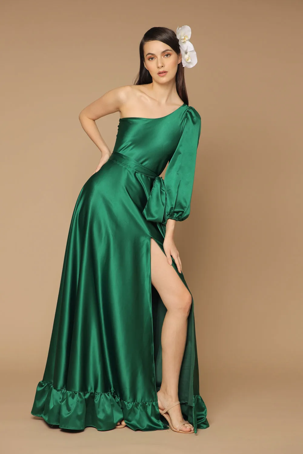 ESMERALDA Asymmetric Puff Sleeve Silk Maxi Dress with Ruffled Hem and Detachable Waist Tie (Emerald Silk)