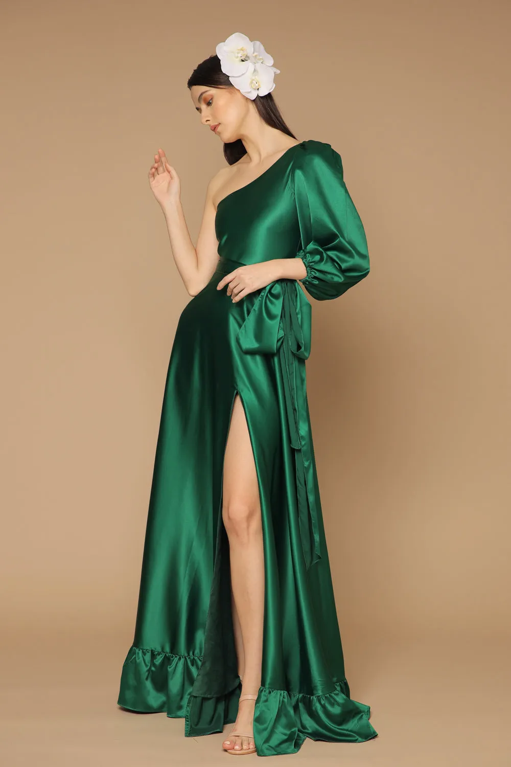 ESMERALDA Asymmetric Puff Sleeve Silk Maxi Dress with Ruffled Hem and Detachable Waist Tie (Emerald Silk)