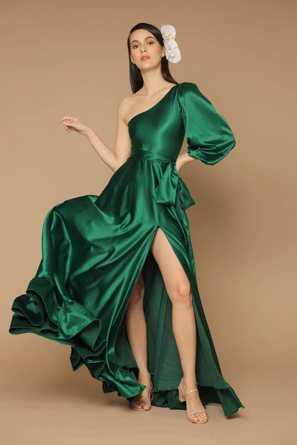 ESMERALDA Asymmetric Puff Sleeve Silk Maxi Dress with Ruffled Hem and Detachable Waist Tie (Emerald Silk)