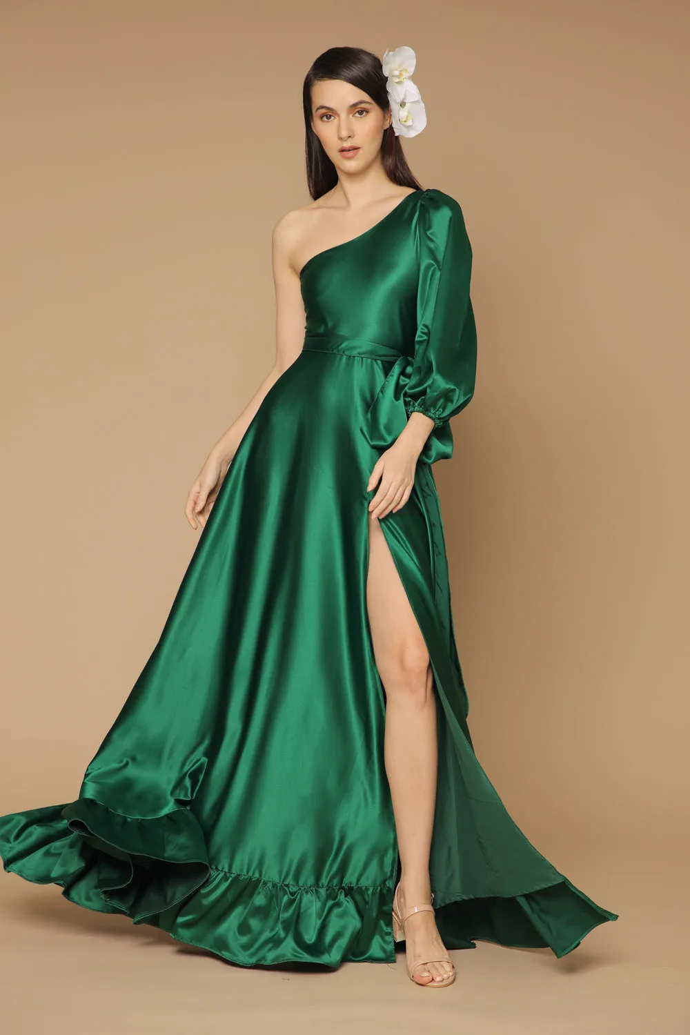 ESMERALDA Asymmetric Puff Sleeve Silk Maxi Dress with Ruffled Hem and Detachable Waist Tie (Emerald Silk)