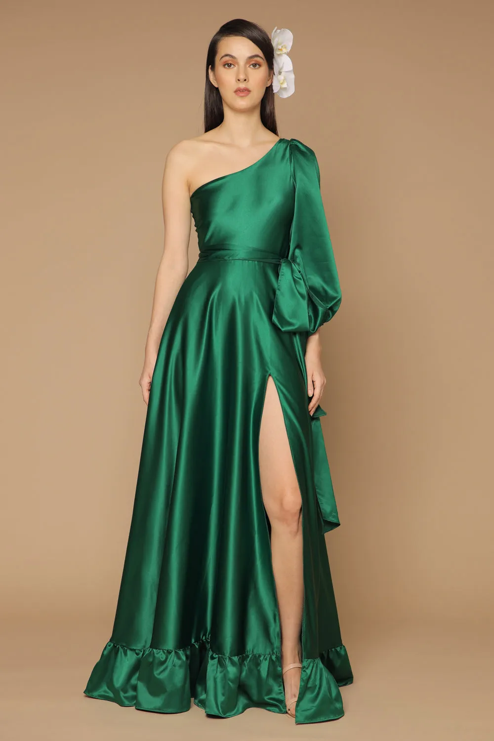 ESMERALDA Asymmetric Puff Sleeve Silk Maxi Dress with Ruffled Hem and Detachable Waist Tie (Emerald Silk)