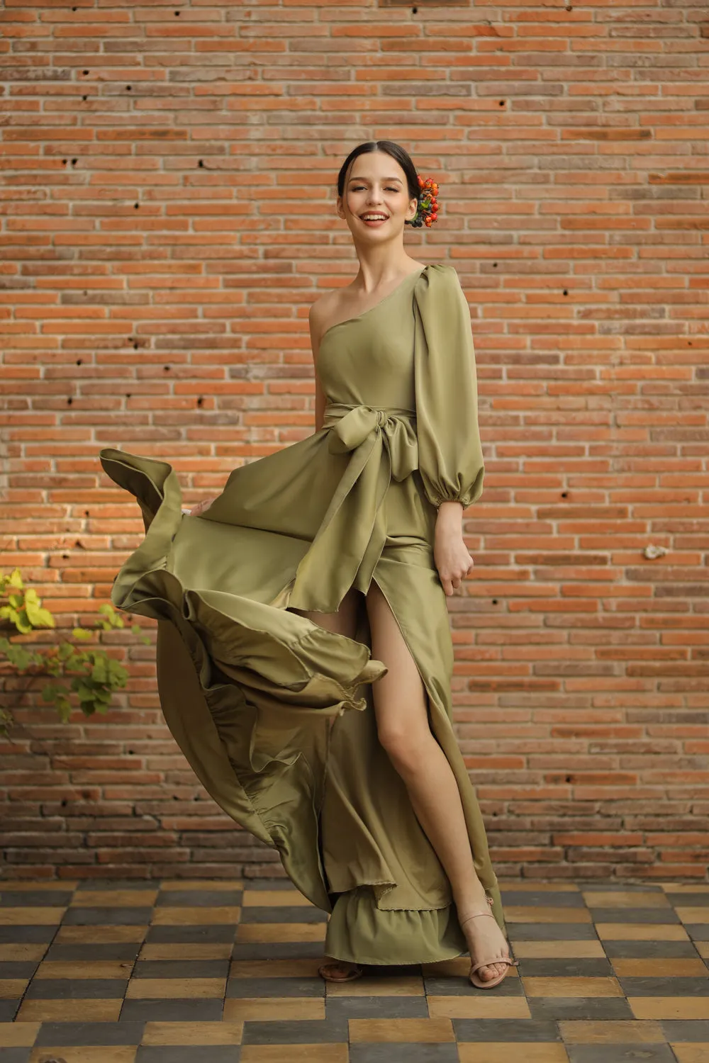ESMERALDA Asymmetric Puff Sleeve Silk Maxi Dress with Ruffled Hem and Detachable Waist Tie (Olive Silk Crepe)